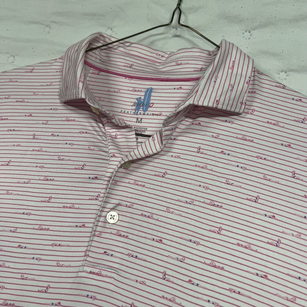 Johnnie-O Featherweight Polo Shirt Mens Medium Pink White Stripe Mandalay Bay